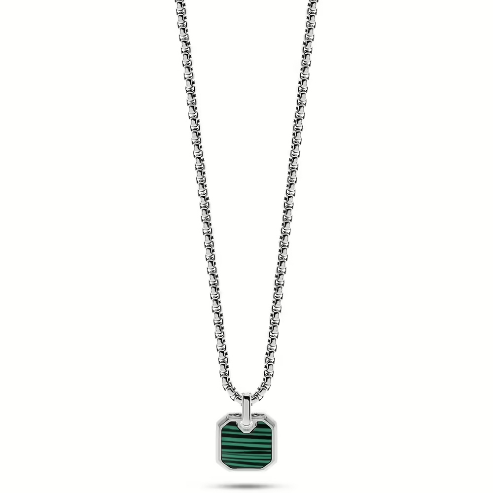 Collana in Acciaio da Uomo con Targhetta Pietra Malachite Verde MLJ413