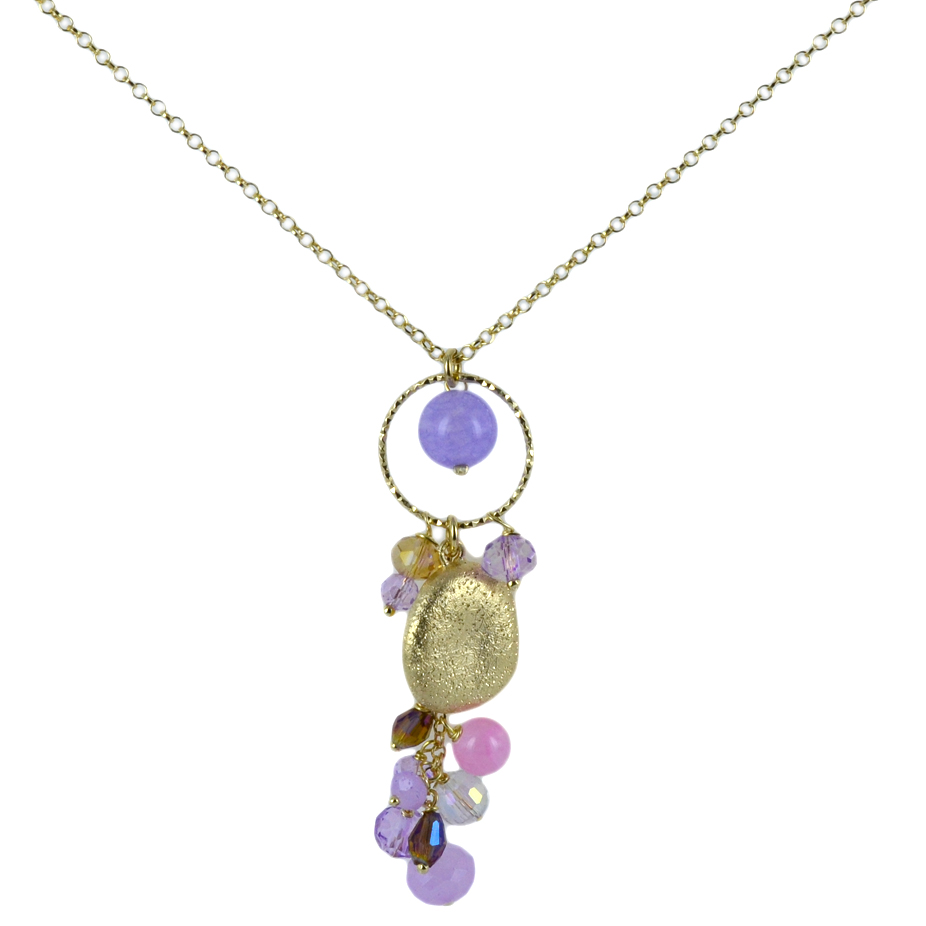 Collana in argento dorato con pepite e pietre rosa lilla