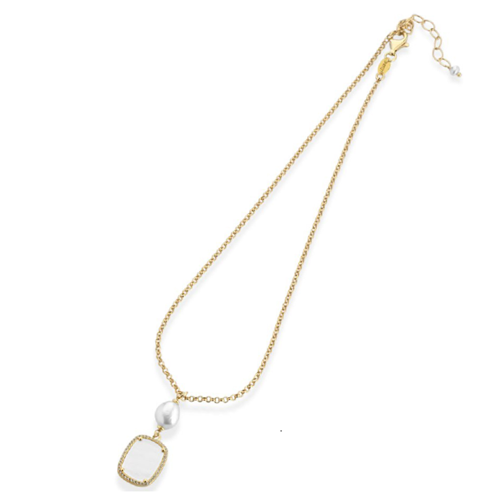 Collana in Argento giallo con pendente di perle dacqua dolce e madreperla australiana con zirconi 