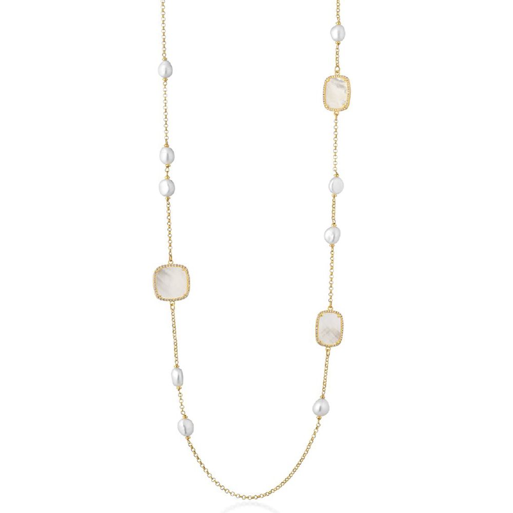 Collana in Argento giallo con perle dacqua dolce e madreperla australiana con zirconi 