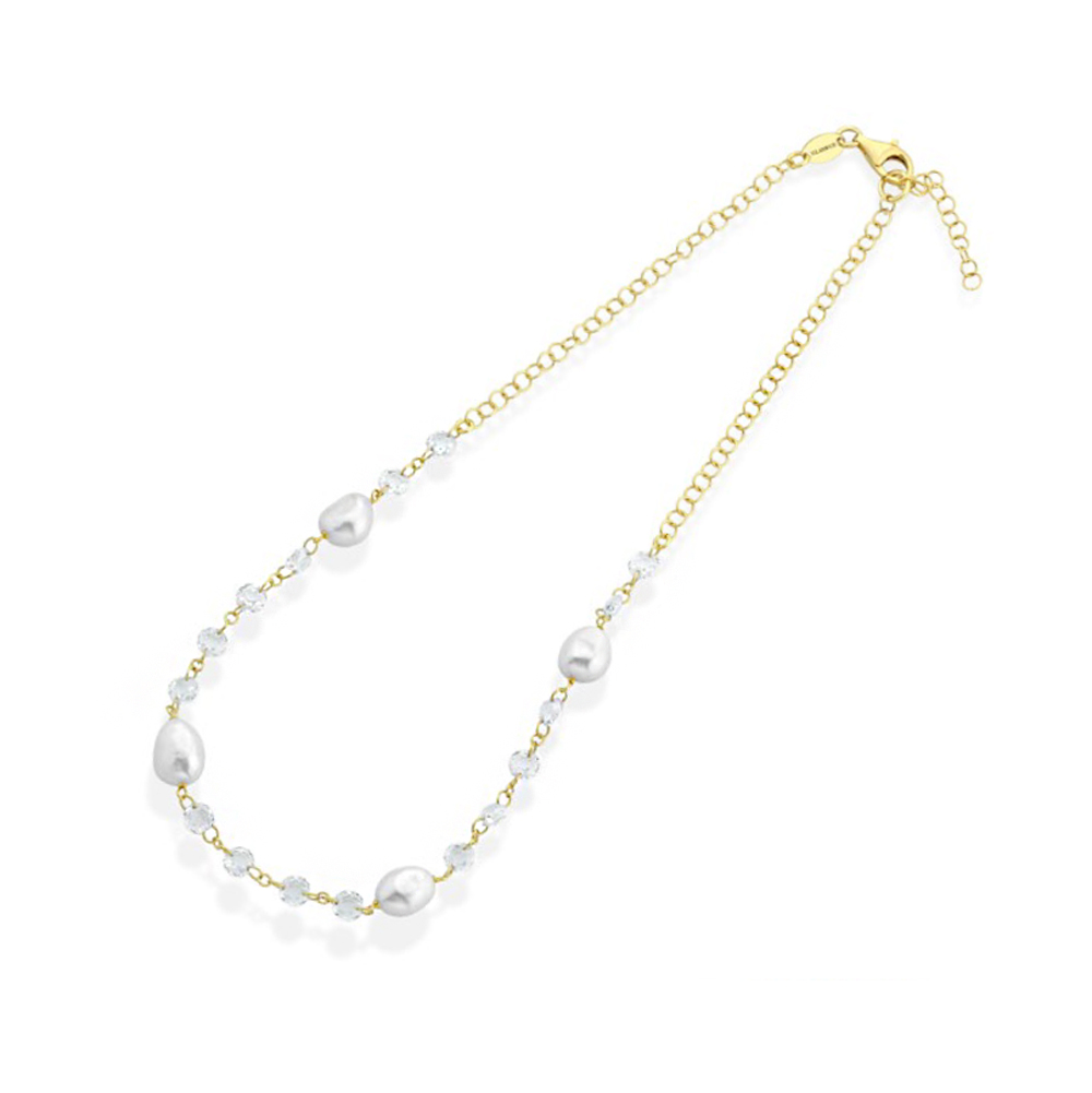 Collana in Argento giallo con perle d�acqua dolce e zirconi bianchi 