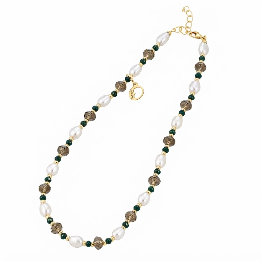 Collana in Argento giallo con perle di acqua dolce, cristalli e ematite gialla 