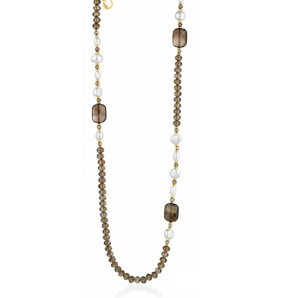 Collana in Argento giallo con perle di acqua dolce, cristalli e ematite gialla 