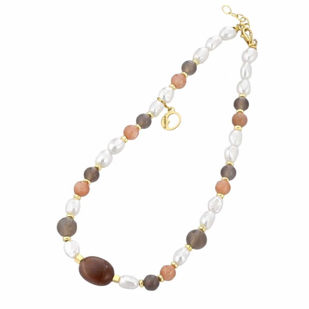 Collana in Argento giallo con perle di acqua dolce, pietra di luna, agata grigia e Ematite gialla