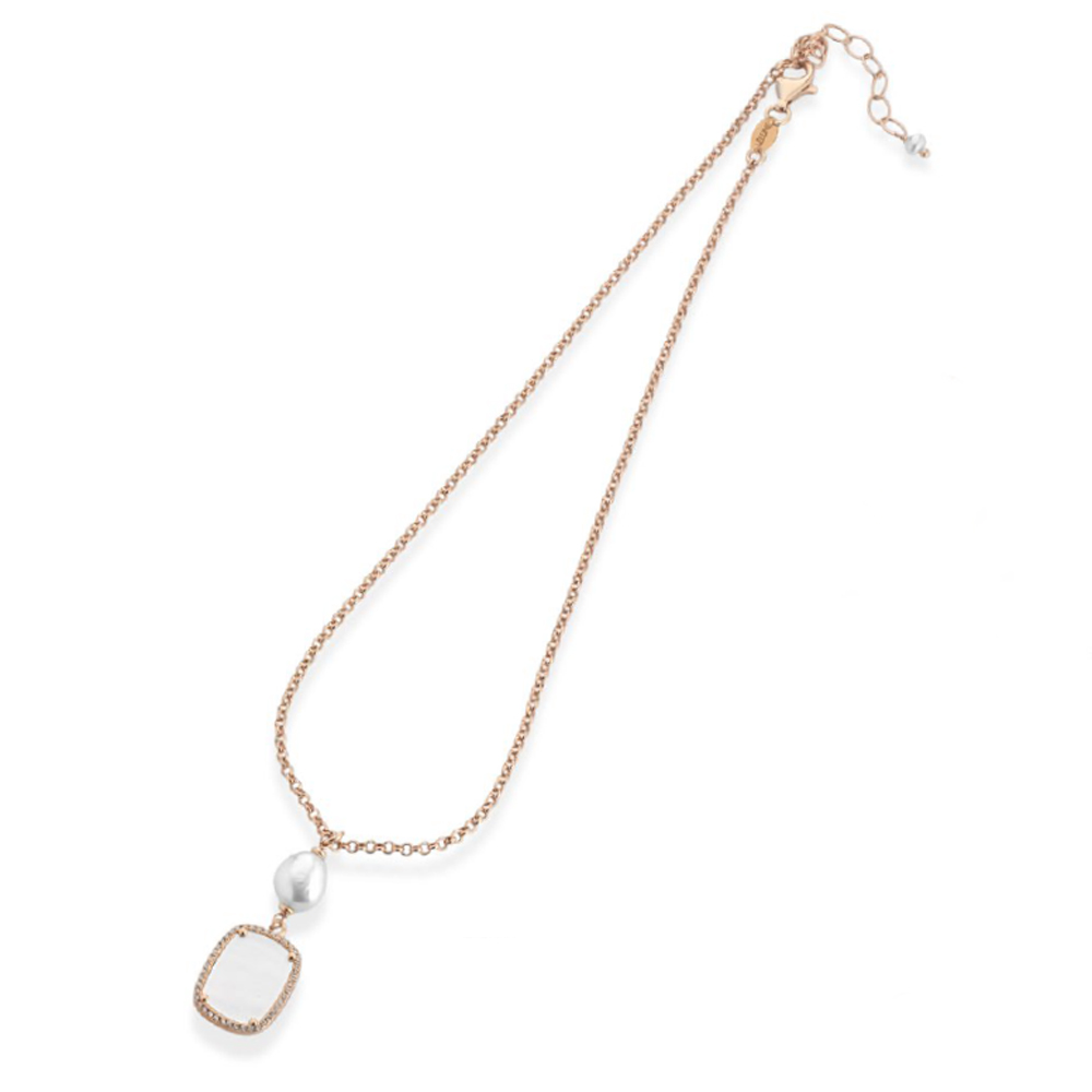 Collana in Argento rosato con pendente di perle dacqua dolce e madreperla australiana con zirconi 