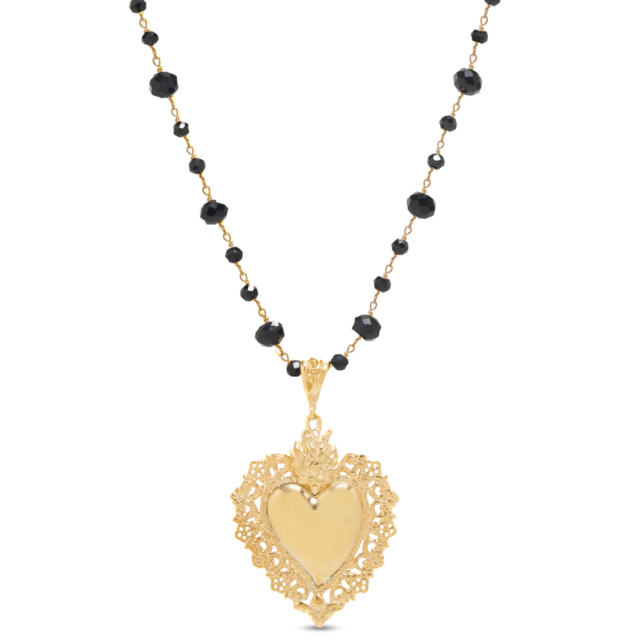 Collana in onice con pendente Sacro Cuore gande in argento dorato