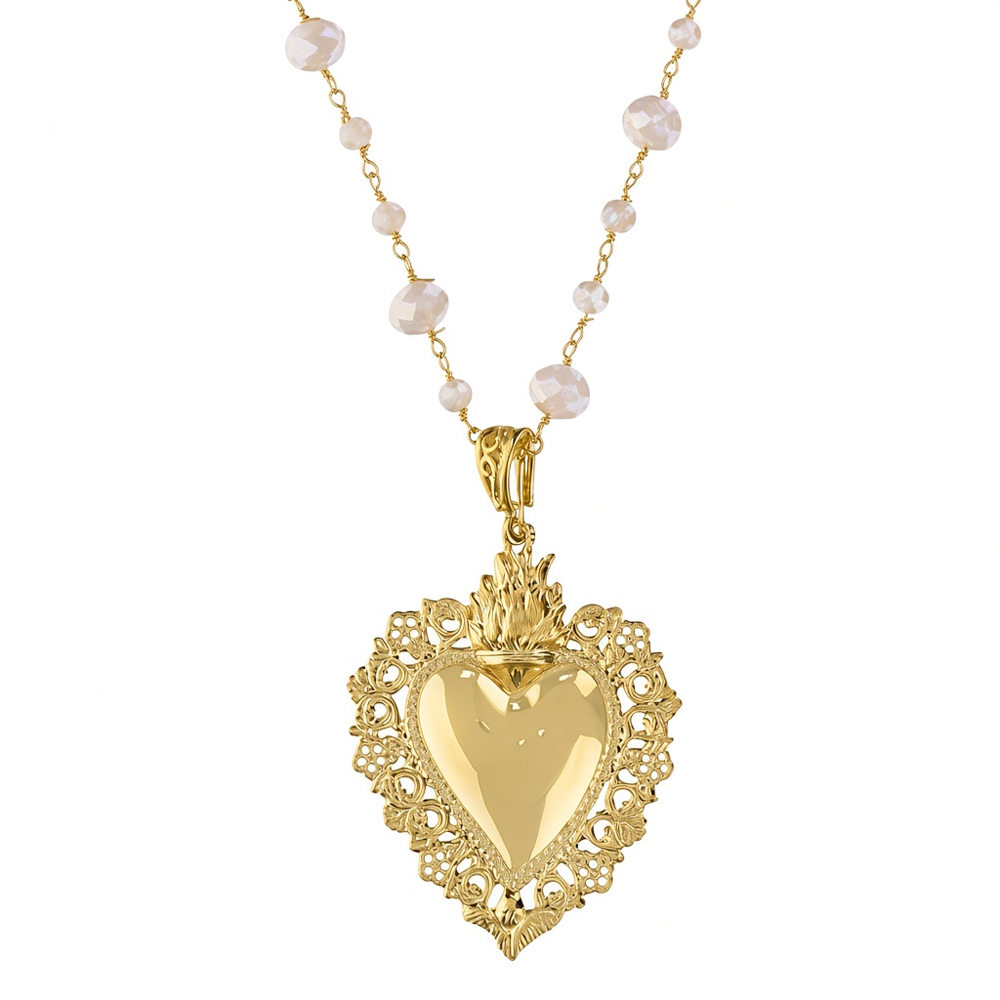 Collana in onice con pendente Sacro Cuore gande in argento giallo 