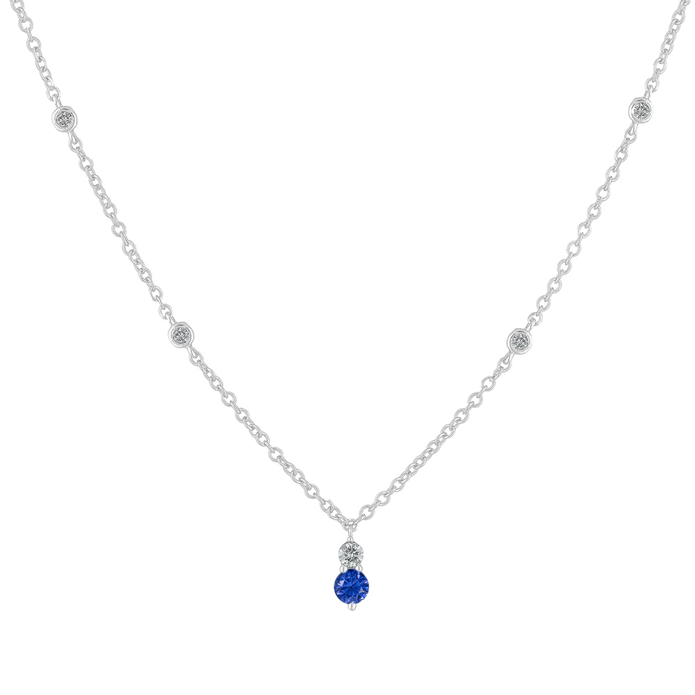 Collana in oro bianco con diamanti punto luce e Zaffiro rotondo 