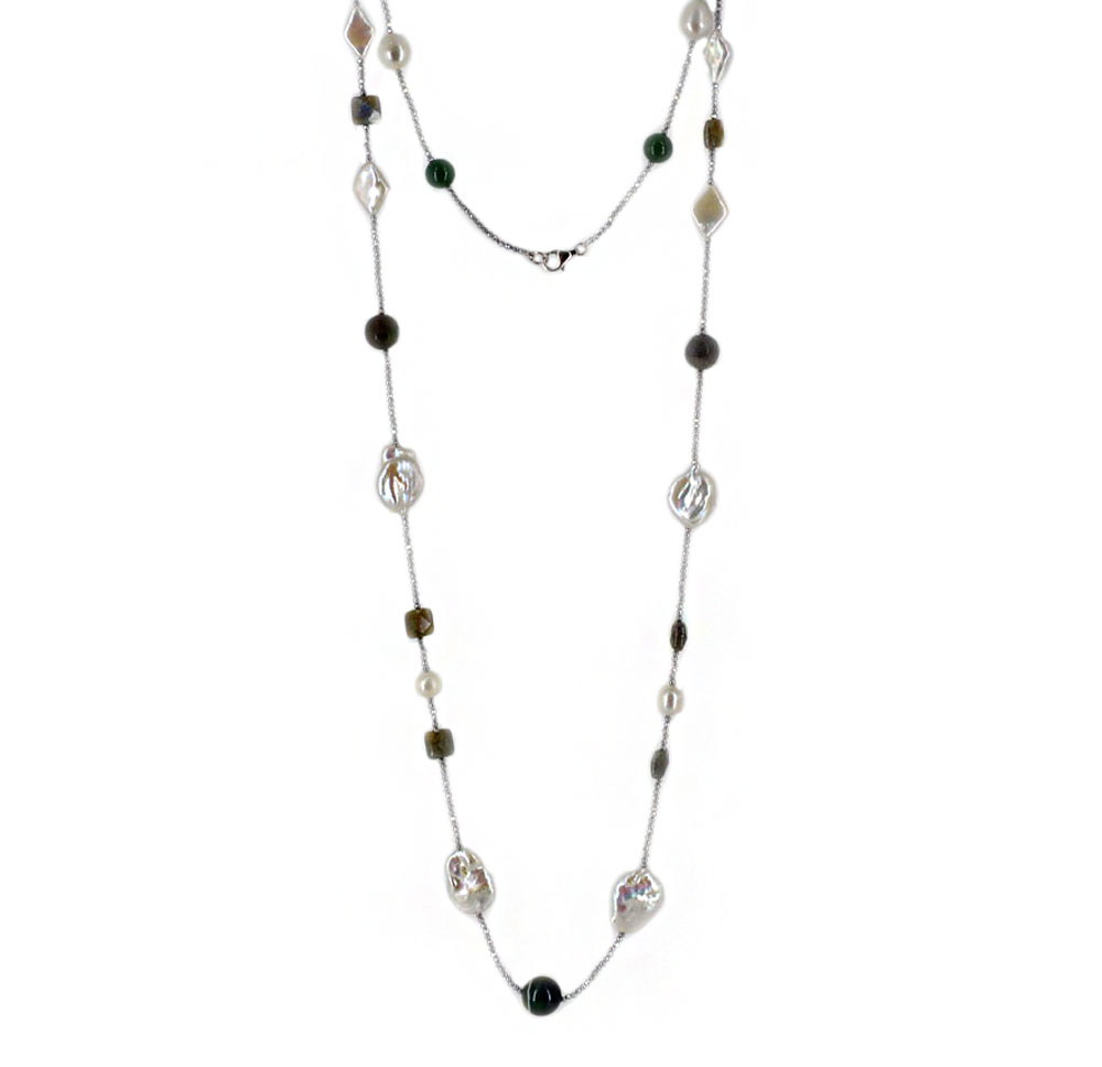 Collana lunga in argento con Agata Ambra e perle barocche
