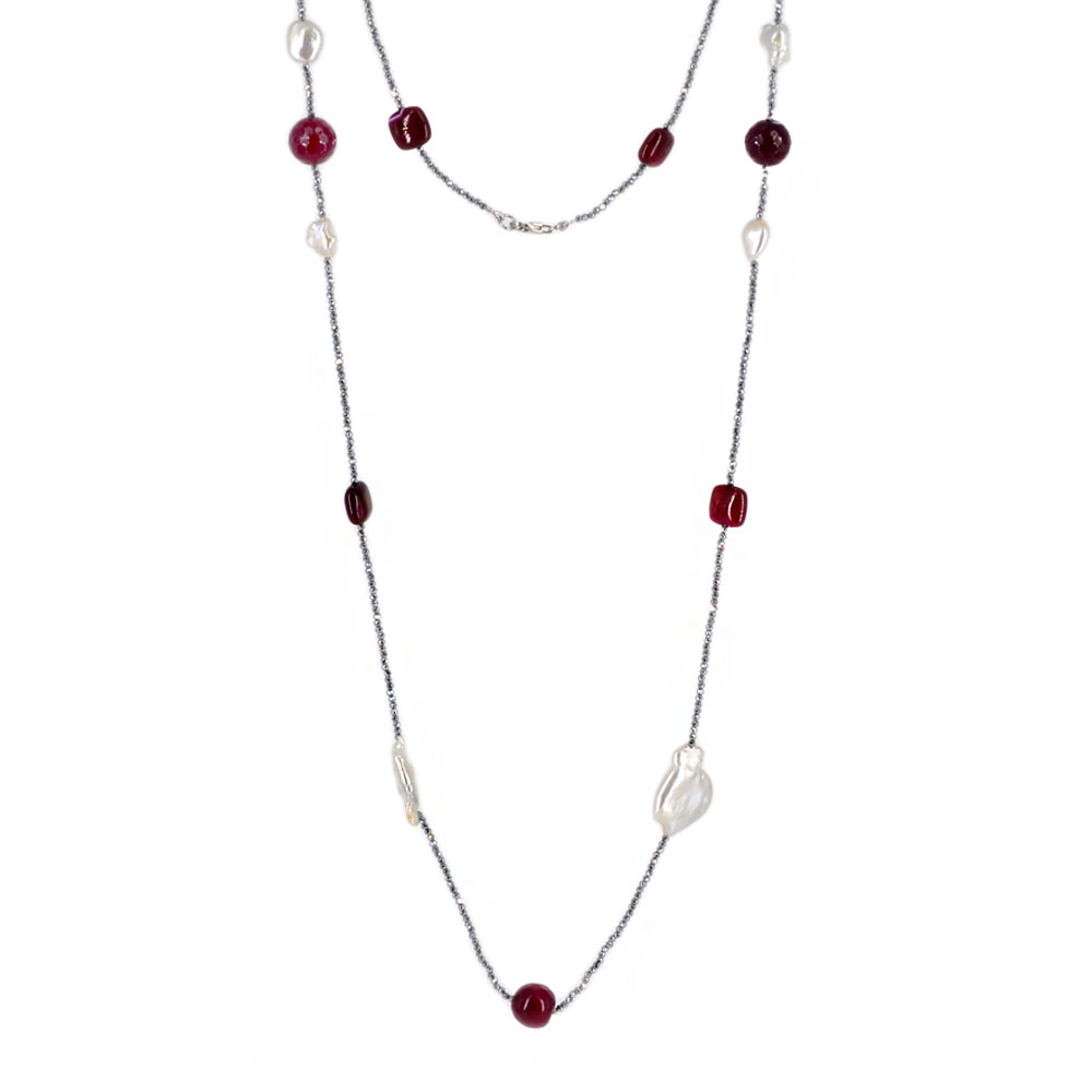 Collana lunga in argento con Agata fucsia e perle barocche