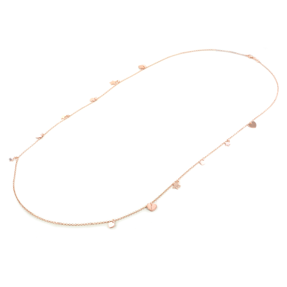 Collana lunga in argento con charms cuori e stelle