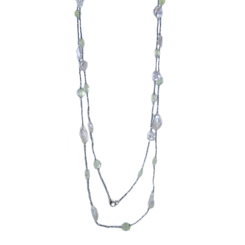 Collana lunga in argento con perle barocche e Prehnite