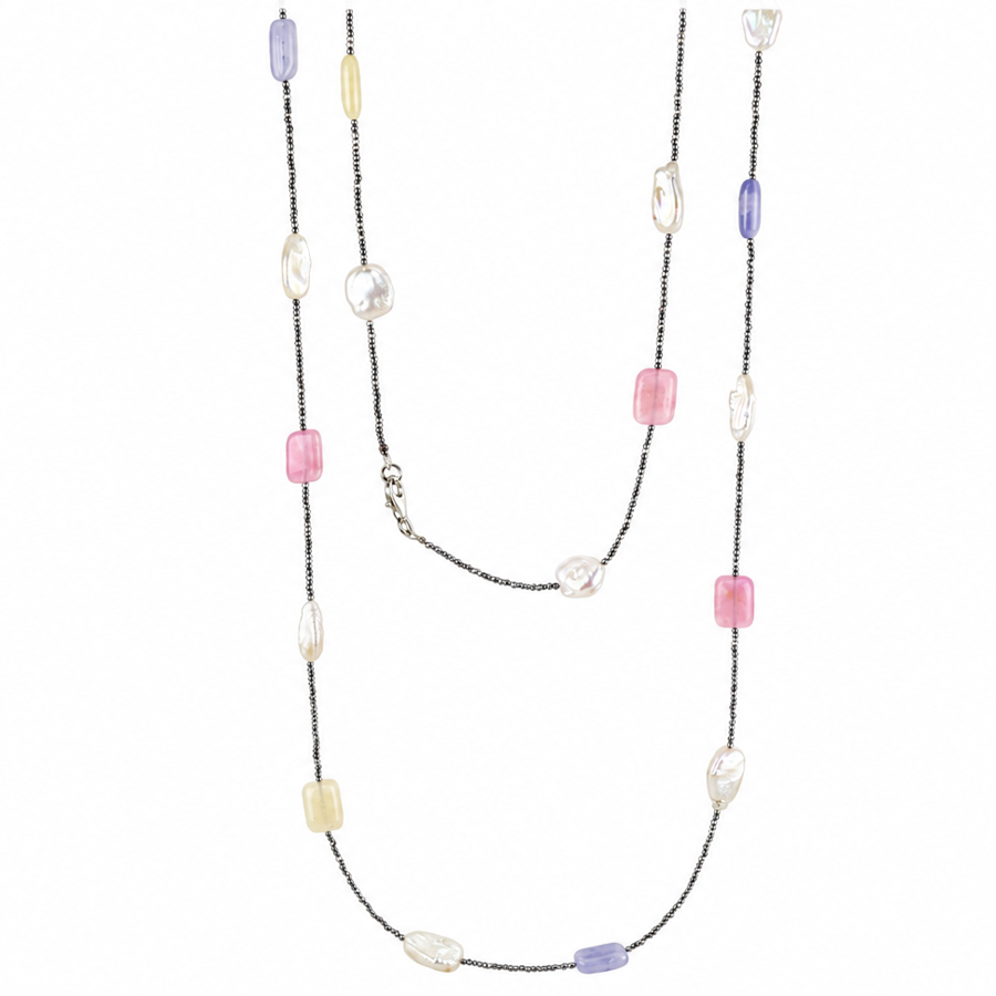 Collana lunga in argento con Quarzi multicolor e perle barocche