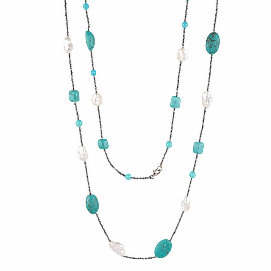 Collana lunga in argento con Turchese e perle barocche