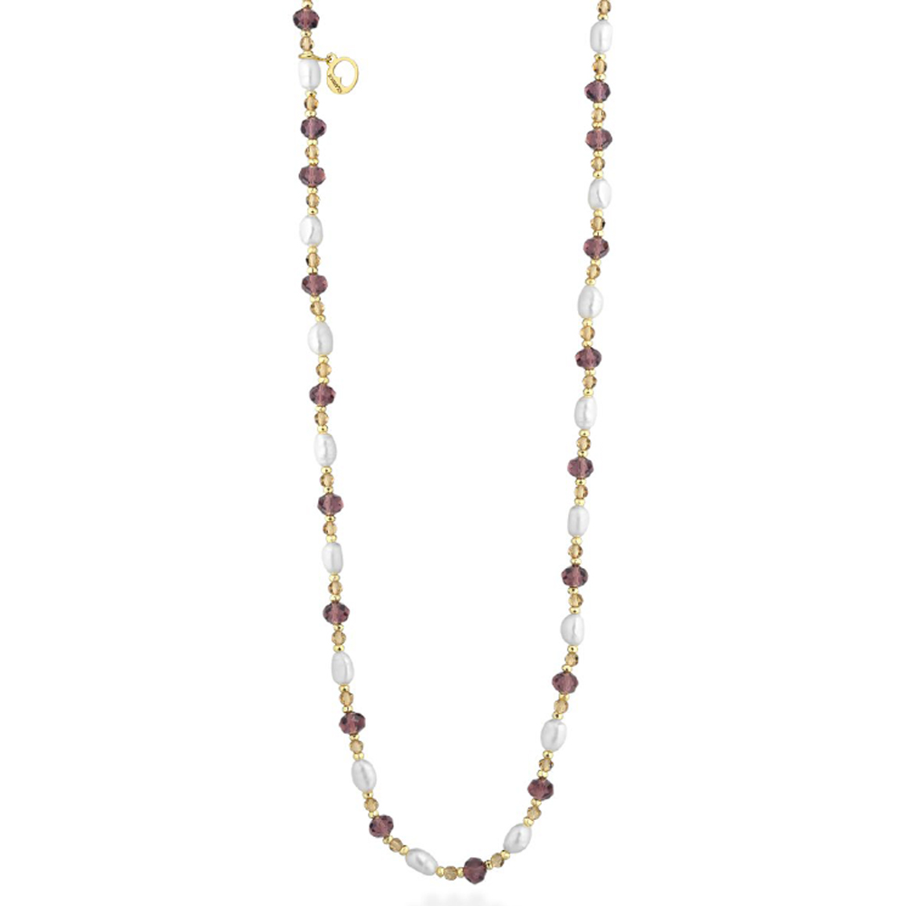 Collana in Argento giallo con perle di acqua dolce e cristalli di colore viola e arancioni 