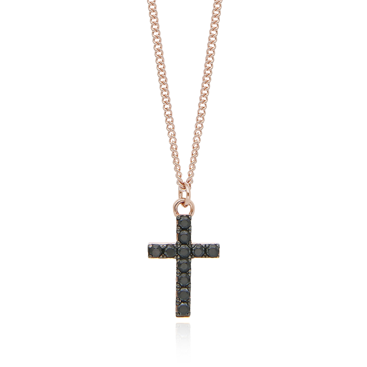 Collana lunga Mabina in argento rosato croce con zirconi neri 553371