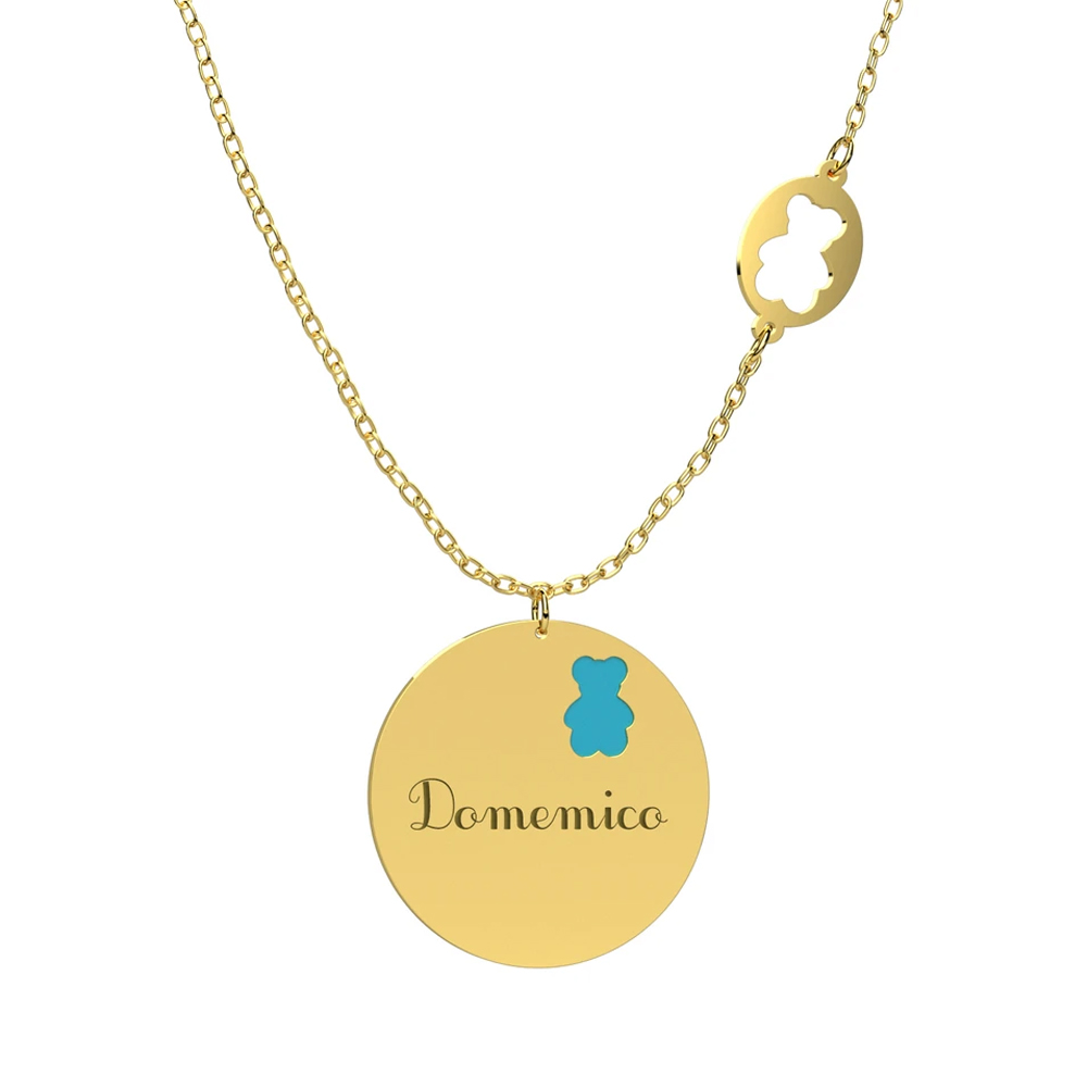 Collana Nanan da bambino in oro 9kt con placchetta personalizzabile e orsetto azzurro NGLD0029