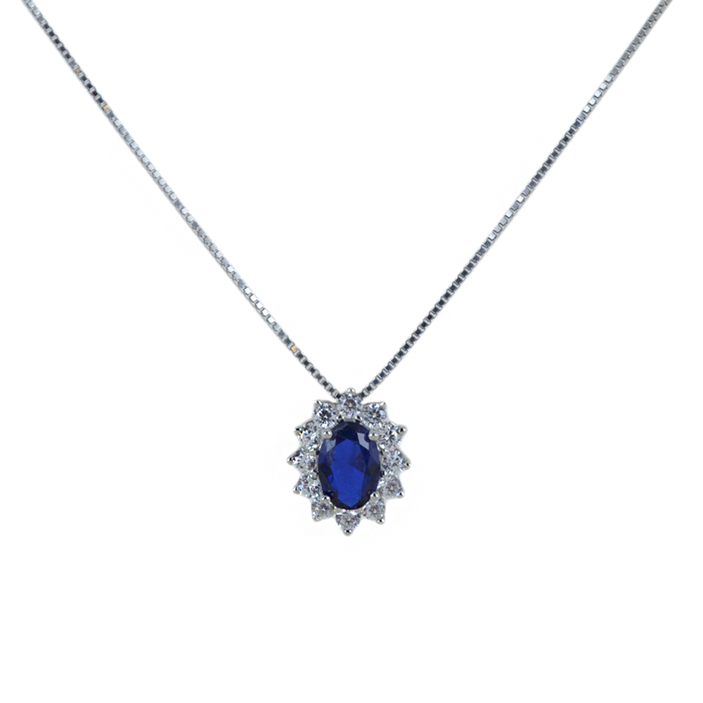 Collana pendente rosetta in argento e zircone blu zaffiro