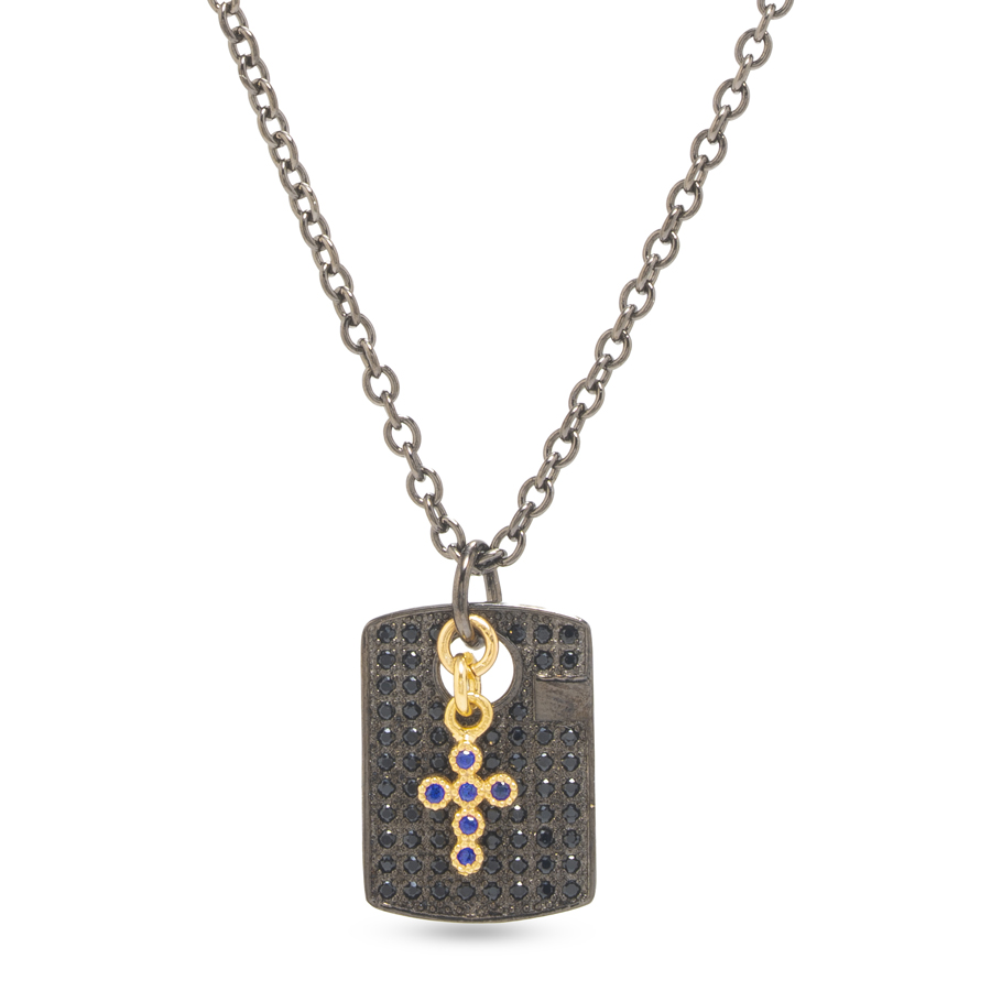 Collana piastrina e croce blu con zirconi
