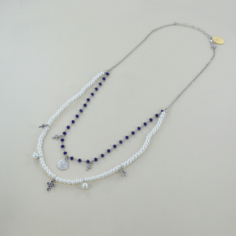 Collana religiosa Agios gioielli con perle Angelo Cherubino e cristalli blu