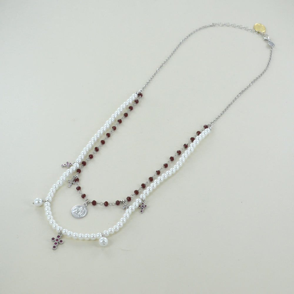 Collana religiosa Agios gioielli con perle Angelo Cherubino e cristalli rossi