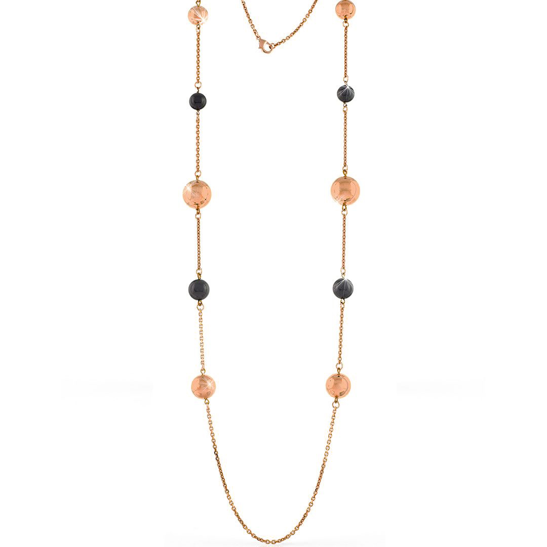 Collana Unoaerre lunga in bronzo Rosa con sfere nere lucide