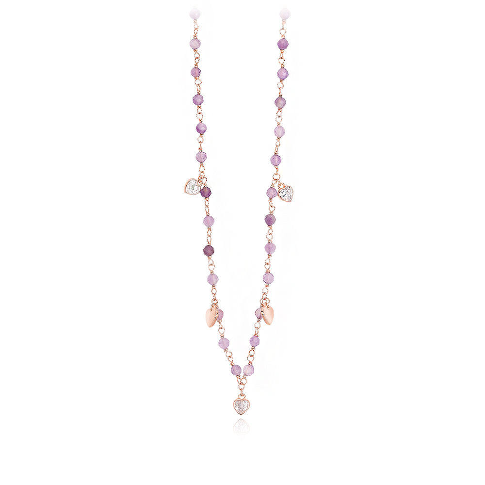 Girocollo Mabina in argento rosato con cuori zirconi e ametista 553311