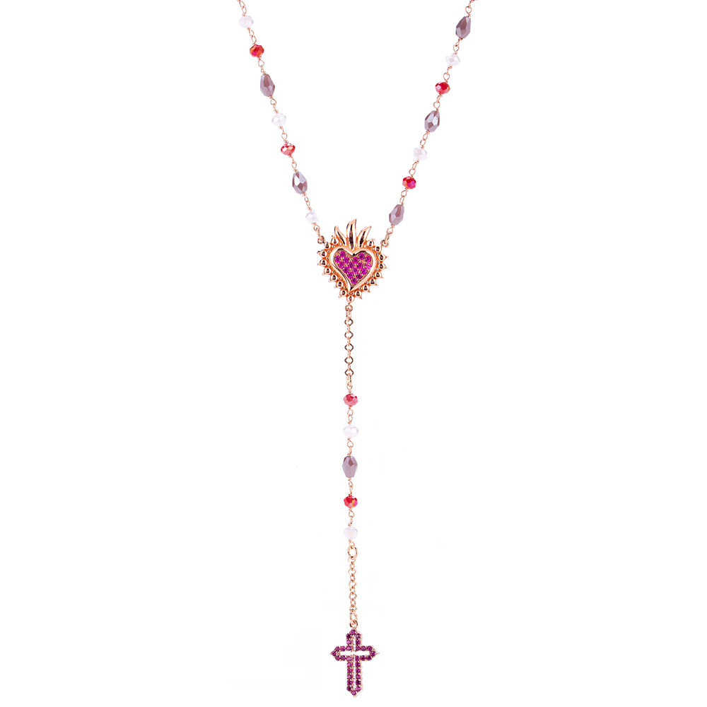 Girocollo Rosario Sacro Cuore in Argento Rosa e Grani colorati
