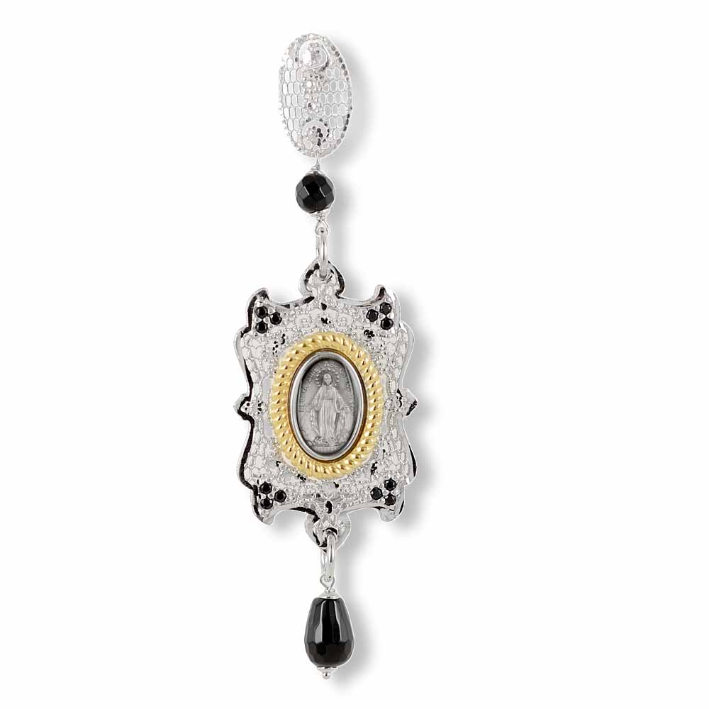 Mono Orecchino con Madonna Miracolosa e onice in argento Agios