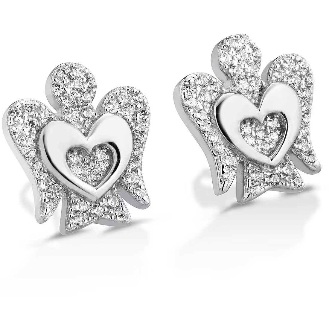 Orecchini a bottoncino Cuore e Angelo in argento con Zirconi GIA332B