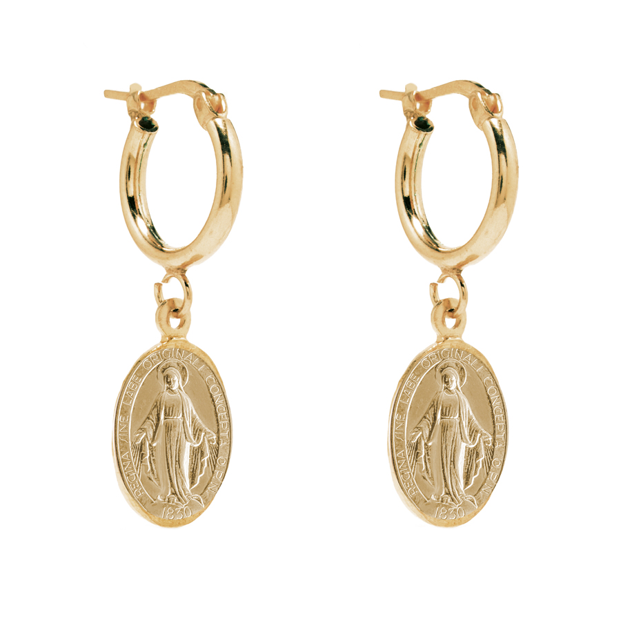 Orecchini a cerchio con ciondolo Madonna Miracolosa in argento dorato
