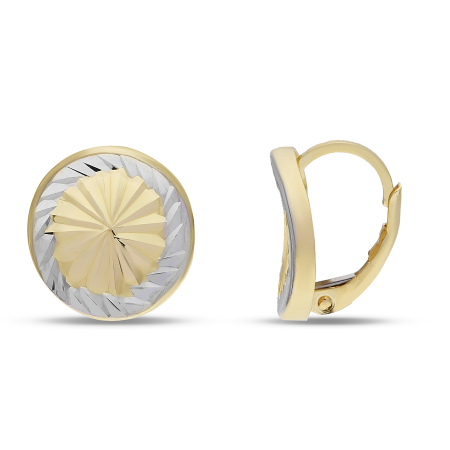 Orecchini a lobo satinati chiusura a scatto monachella oro giallo e bianco