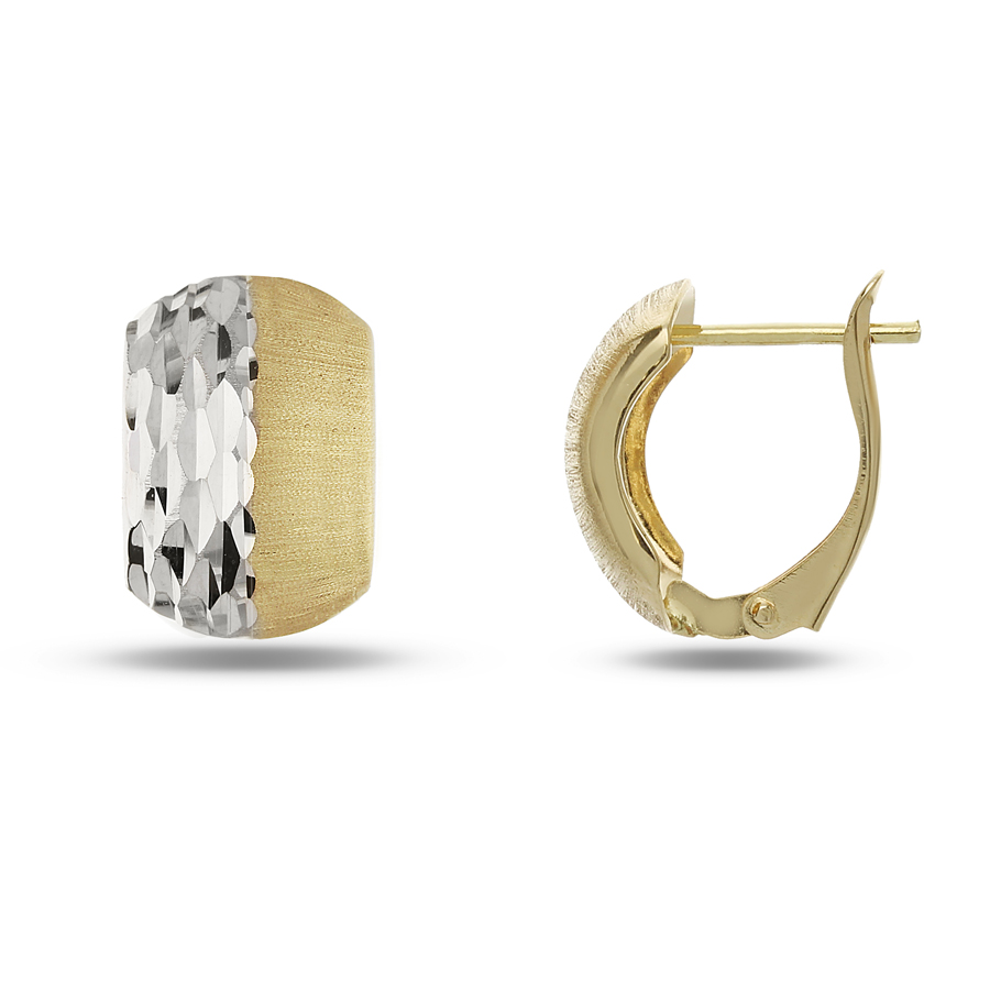 Orecchini a lobo sfaccettati chiusura a scatto oro giallo e bianco