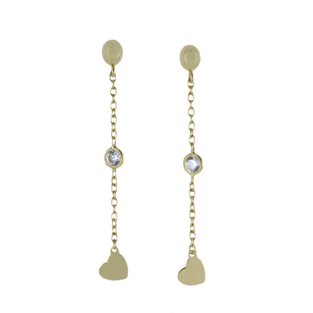 Orecchini a pendente in oro giallo con cuore e zircone 