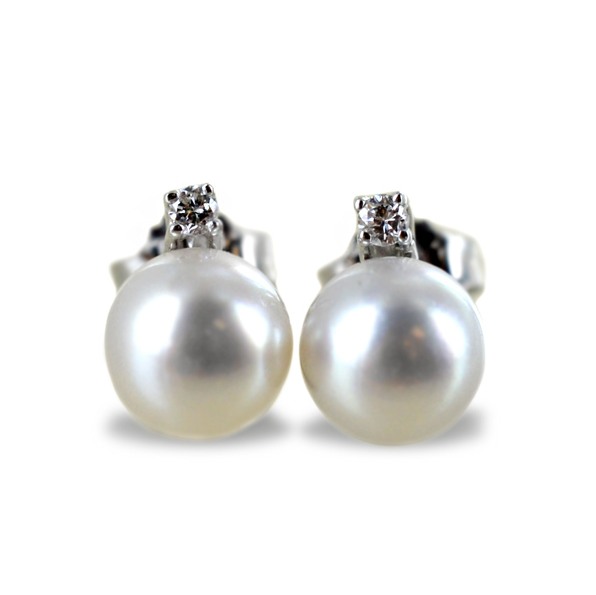 Orecchini con perle Akoya e diamante - perle di diametro 6.50 - 7.00 mm