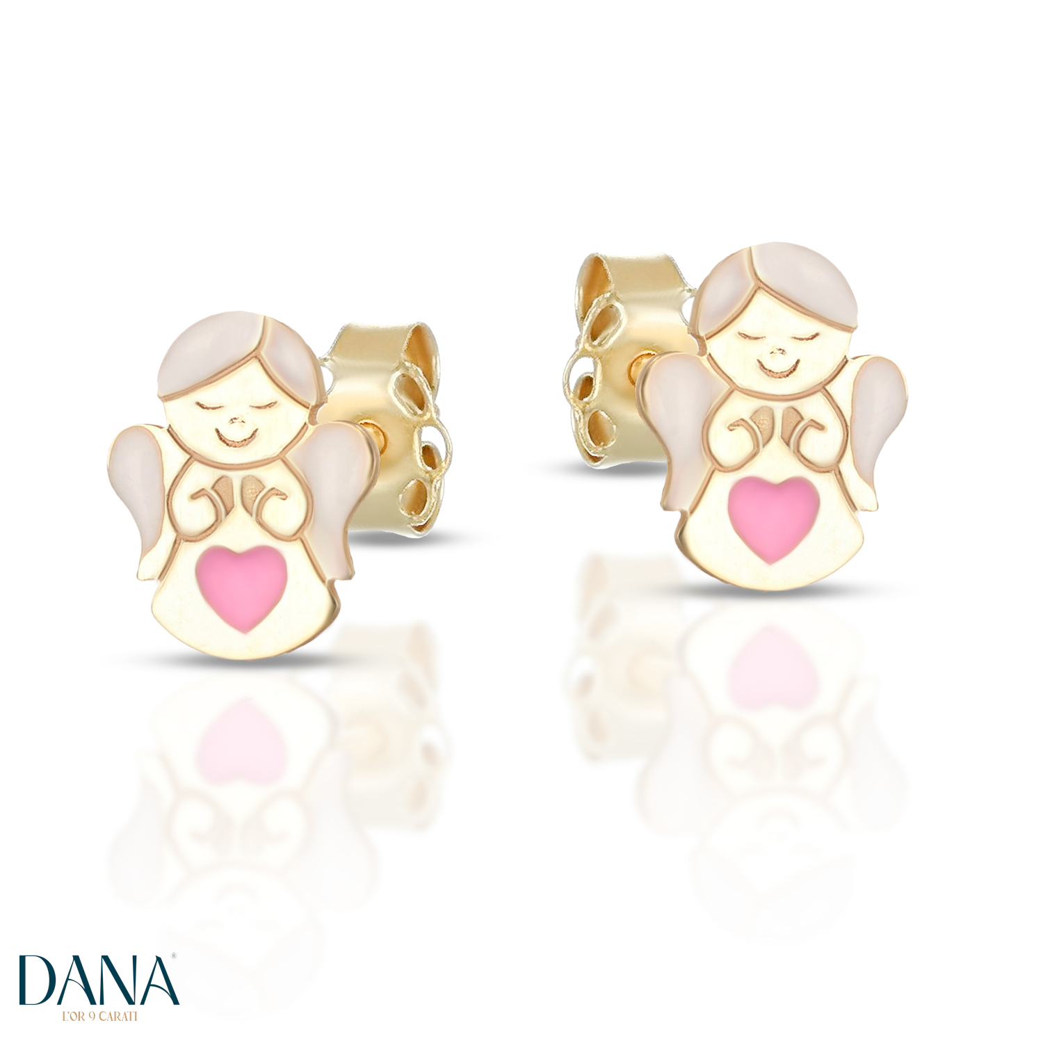 Orecchini da Bambina Angioletto con smalto rosa e bianco in oro 9 kt