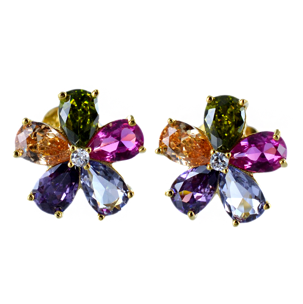 Orecchini Fiore colorato in argento dorato con zirconi 