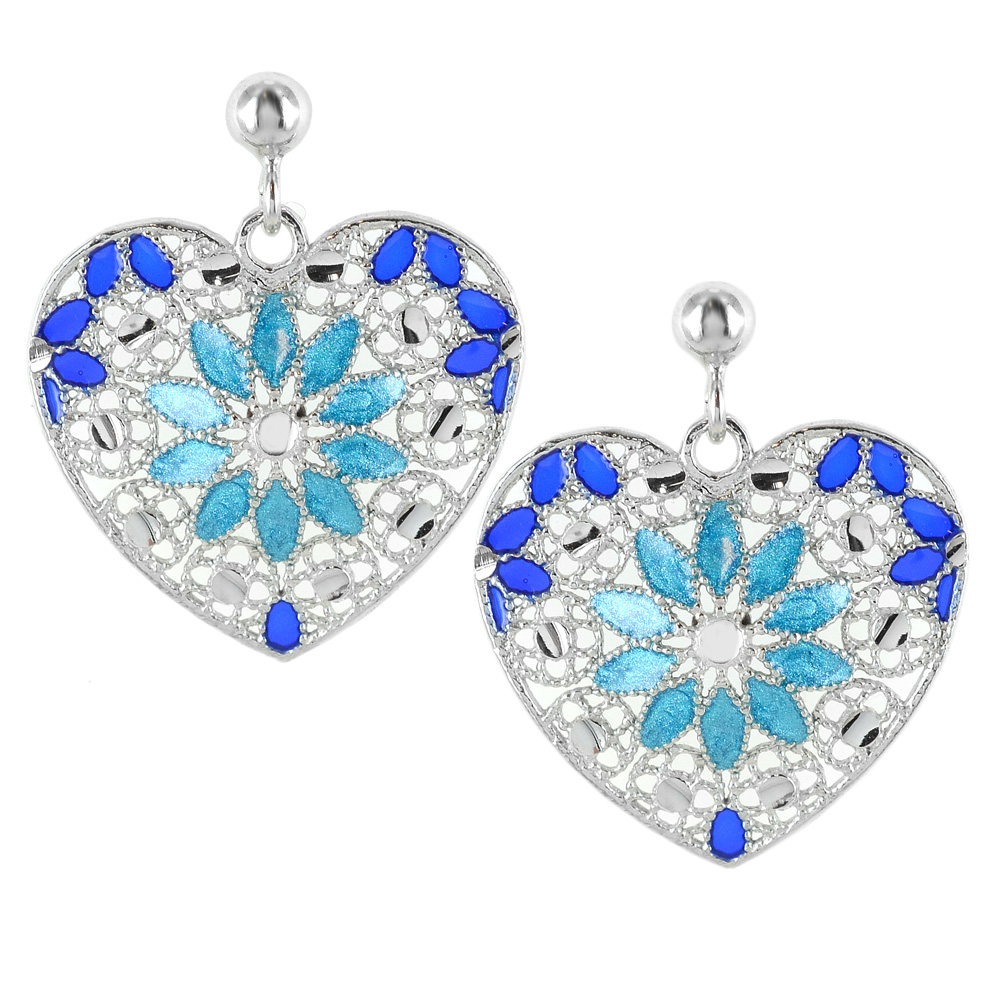 Orecchini in argento con pendente cuore e smalti azzurri collezione Notre Dame