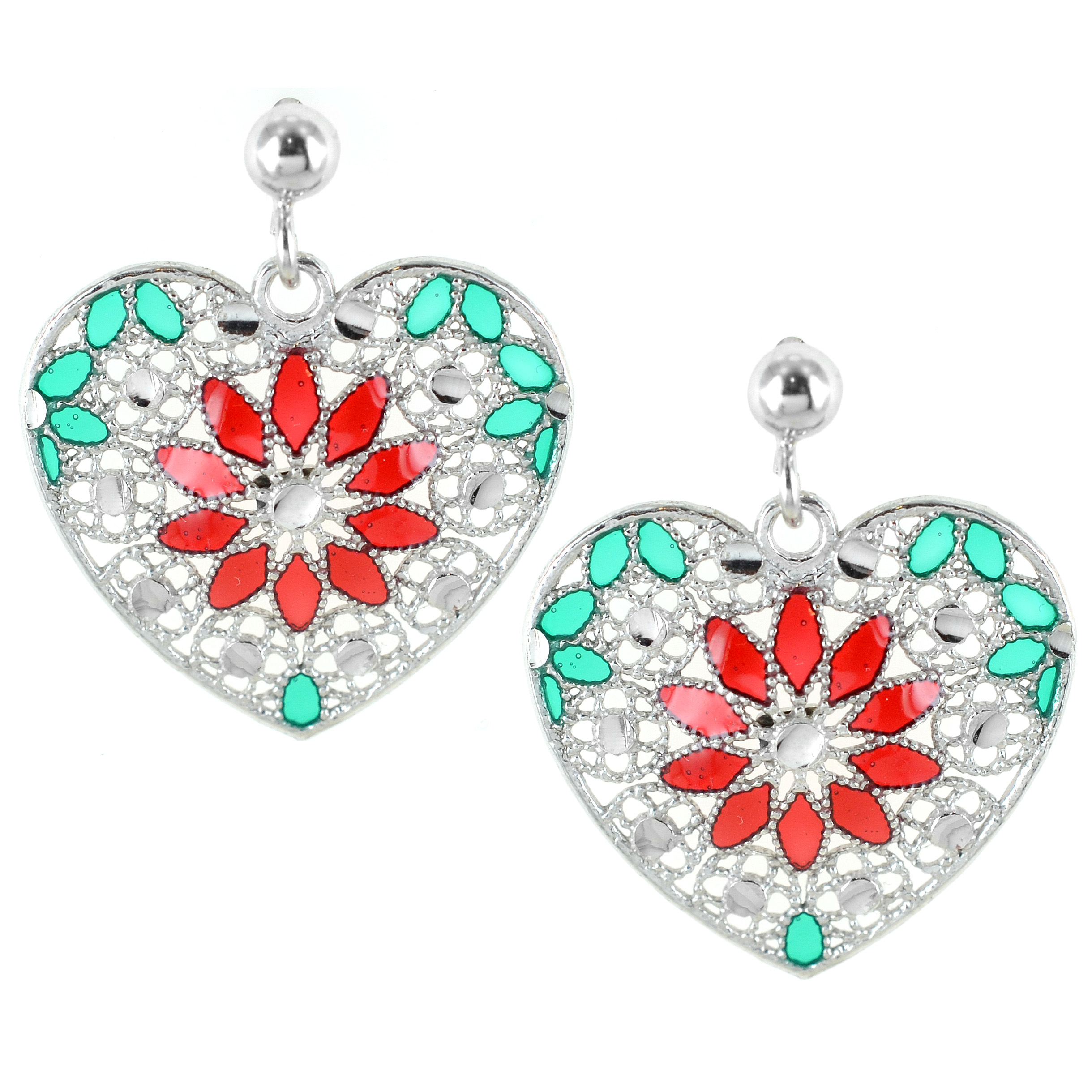 Orecchini in argento con pendente cuore e smalti verde e rosso collezione Notre Dame