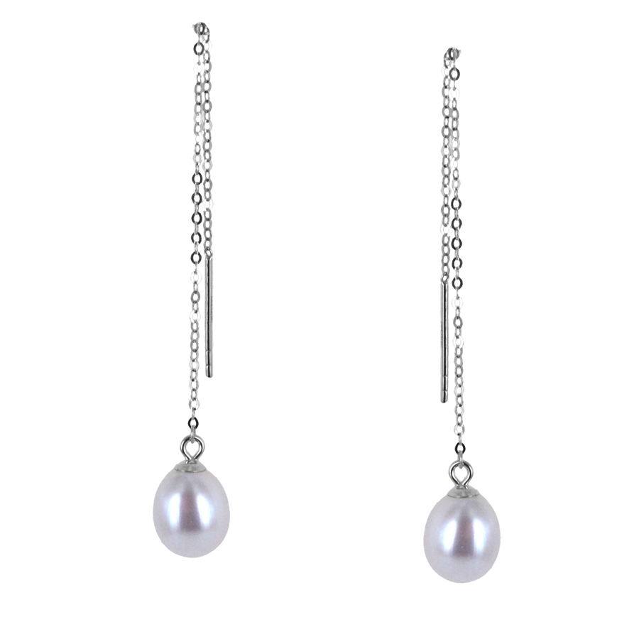 Orecchini in oro bianco di Perle a pendente passante Acqua Dolce 7 - 7.50 mm