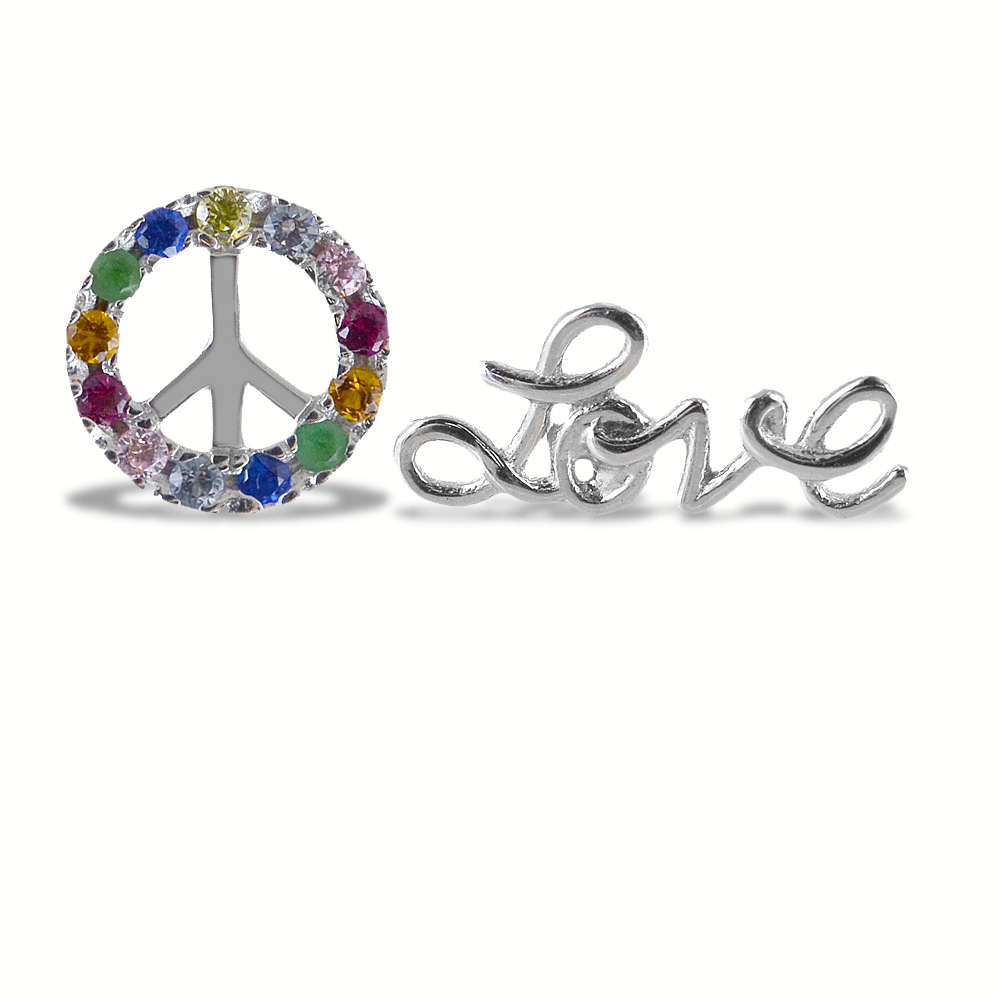 Orecchini Peace and Love scritta e zirconi in argento