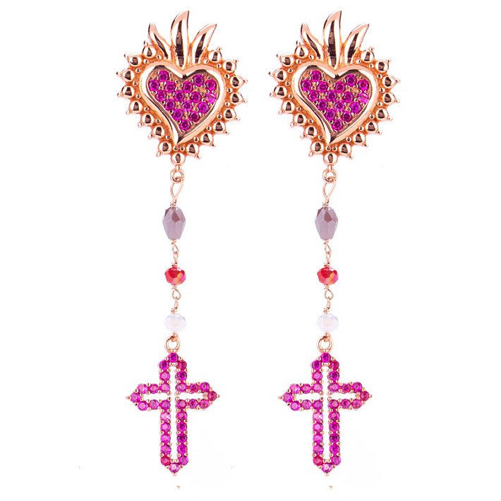 Orecchini Sacro Cuore in Argento Rosa e Grani colorati