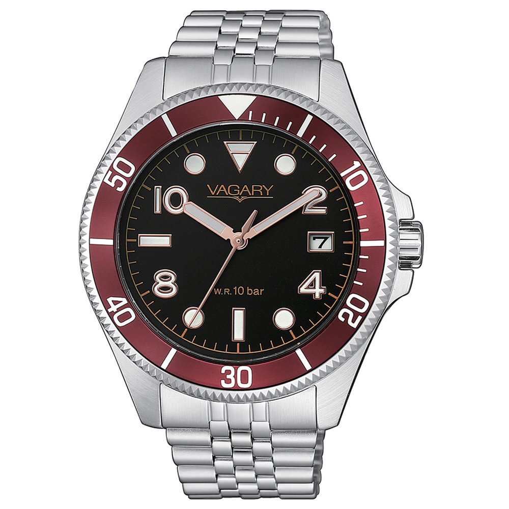 Orologio Vagary da uomo Aqua39 nero e bordeaux VD5-015-53