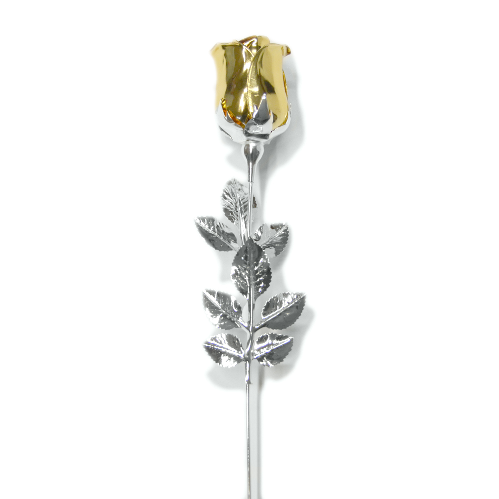 Rosa profumata argentata 38 cm con smalto oro e vaso in cristallo