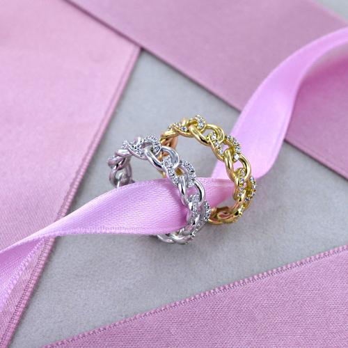 Anello da donna a catena groumette in oro bianco e zirconi