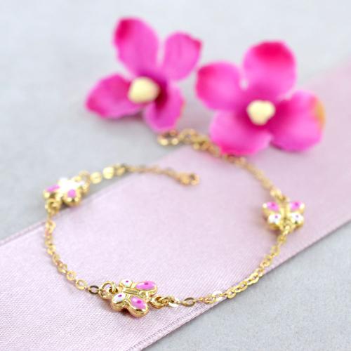 Bracciale Bambina Con Farfalle Smaltato Rosa – Oro Giallo 9k (375) Con Scatola Regalo E Certificato Di Garanzia
