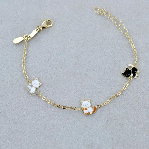 Bracciale Bambino In Oro Giallo 18K Con Ciondoli Gatto E Lisca Smaltati - Maglia Rolo 16cm