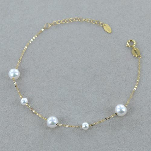 MIORE Bracciale donna con Perle, Catenina In Oro Giallo 14 Kt 585 con 3 Perle naturali passanti, Perle Bianche Coltivate in acqua dolce. Braccialetto con catenina Lungo Cm 17,5 estendibile a Cm 21,5