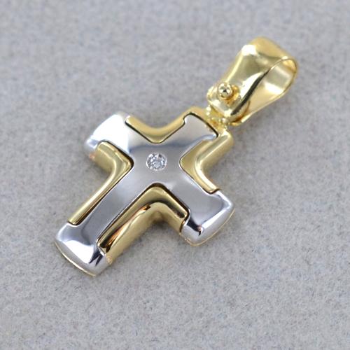 Ciondolo A Croce Semplice In Oro Giallo Bianco 14 Carati, Lucido - Foto 7