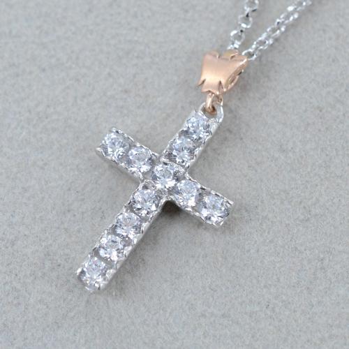 Grande collana croce in argento con strass